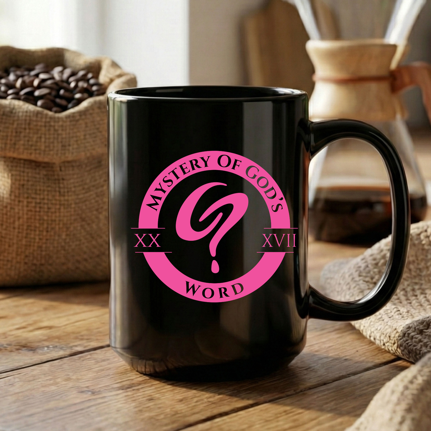 Mystery of God’s Word Signature Emblem Black Mug | Pink Logo