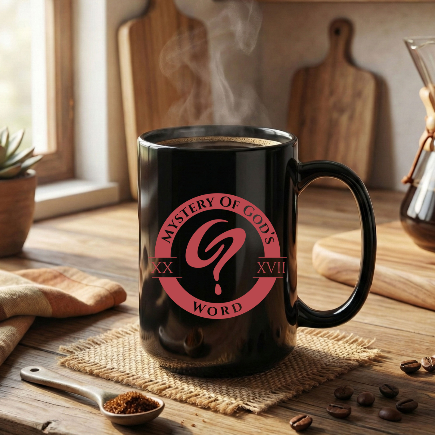 Mystery of God’s Word Signature Emblem Black Mug | Red Logo