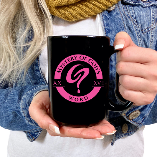 Mystery of God’s Word Signature Emblem Black Mug | Pink Logo