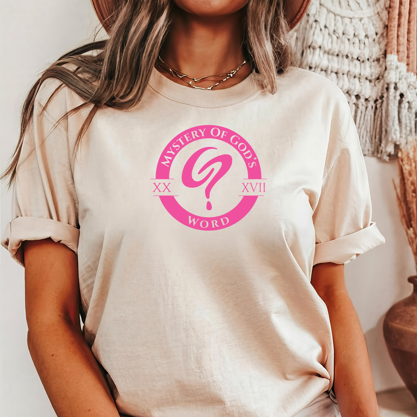 Mystery of God’s Word Signature Emblem Tee | Pink Logo