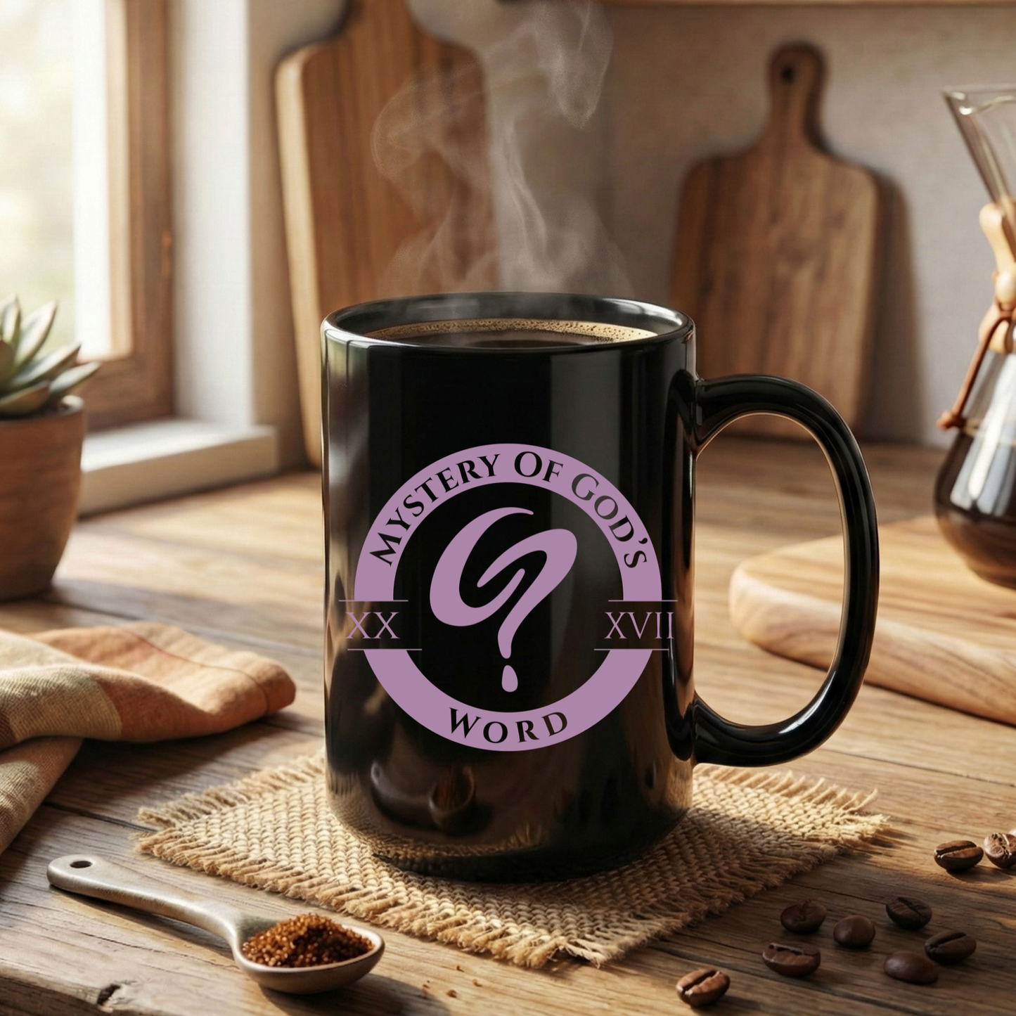 Mystery of God’s Word Signature Emblem Black Mug | Purple Logo
